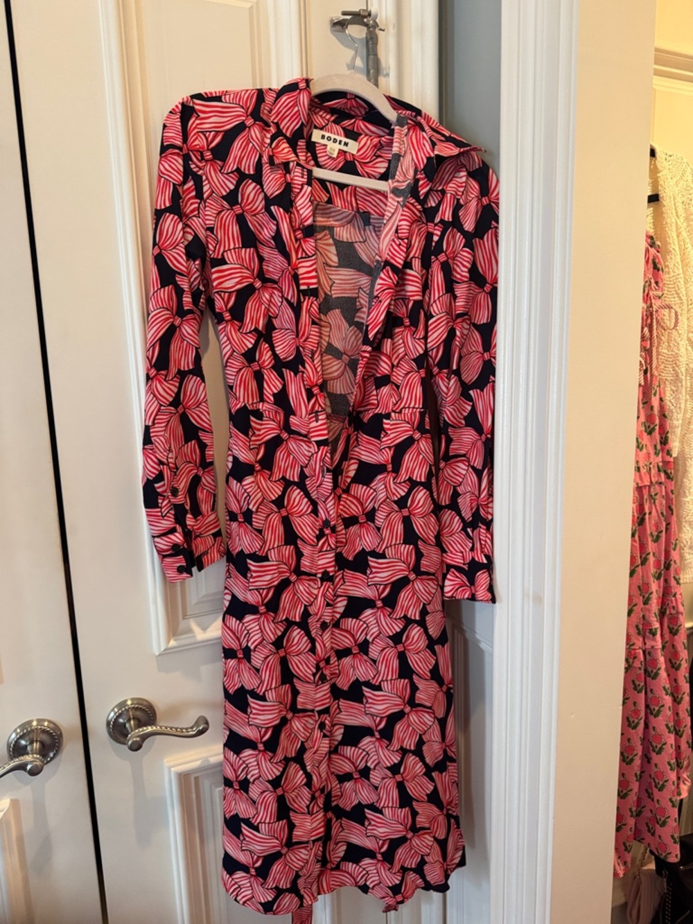 Boden Navy and Pink Leaf-Print Long Sleeve Shirt Dress